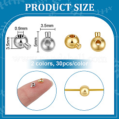 60 個 2 色真鍮つぶし玉  長持ちメッキ  ラウンド  プラチナ·ゴールデン  5x3.5x3.5mm  穴：0.9mm  30個/カラー&nbsp;KK-PH0015-15
