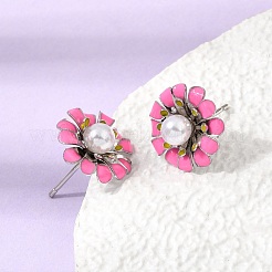 真鍮エナメルスタッドピアス  花  abs樹脂ビーズ  鉛フリー＆カドミウムフリー  ラックめっき  長持ちメッキ  18KGP本金メッキ  クリムゾン  13.5~14mm&nbsp;KK-CBA8324-27P-03