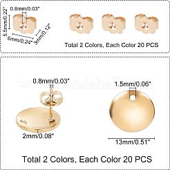 40個 2色 304ステンレススチールスタッドピアス金具  ループ＆40個入り2色イヤーナット  フラットラウンド  ゴールデン·ステンレス鋼色  13x2mm  穴：1.5mm  ピン：0.8mm  20個/カラー&nbsp;STAS-UN0022-86