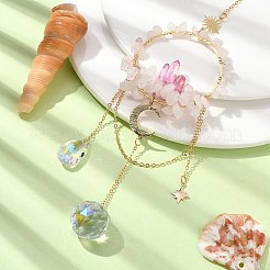 天然ローズクォーツと染色天然水晶、ガラスペンダント装飾付き  ティアドロップとリング  270mm&nbsp;HJEW-TA00123-03