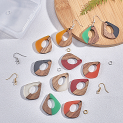 DIYダングルピアス作成キット  レジン＆ウッドペンダント付き  真鍮のピアスフックと丸カン  ティアドロップ  ミックスカラー&nbsp;DIY-OC0002-55