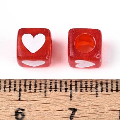 スプレー塗装透明アクリルビーズ  ハートを持つキューブ  レッド  7x6.5x6.5mm  穴：3.8~4mm  約2270個/500g&nbsp;OACR-N140-02C