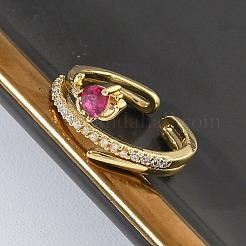 女性用真鍮マイクロパヴェキュービックジルコニアカフオープンリング  花  長持ちメッキ  ラックめっき  18KGP本金メッキ  濃いピンク  15.5mm  17mm&nbsp;RJEW-L343-05G-01