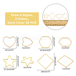 240 個 8 スタイル真鍮リンクリング  ハート＆スター＆六角形＆スクエア  ミックスカラー  18.5~22x20~22.5x1mm  30個/スタイル&nbsp;KK-OC0001-19