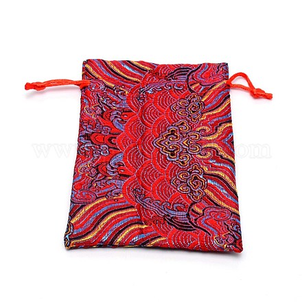 シルクポーチ  ドローストリングバッグ  波模様の長方形  レッド  14.2x10x0.4cm&nbsp;ABAG-WH0032-07A-1
