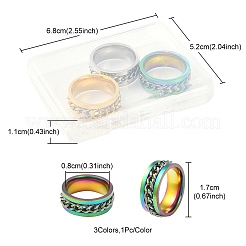 3個 3色 201ステンレススチールカーブチェーン指輪セット 女性用  ミックスカラー  usサイズ6 1/2(16.9mm)  1pc /カラー&nbsp;RJEW-YW0001-02