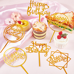 12種類のスタイルのアクリルケーキトッパー6個  ケーキインサートカード  ケーキデコレーション用  お誕生日おめでとう  ゴールド  139~163x99~114x1mm  2個/スタイル&nbsp;AJEW-SP0001-81A