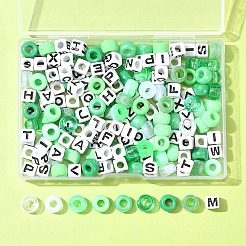 透明＆不透明アクリルビーズ  樽と立方体の文字  グリーン  7~9x7~9x6~7mm  穴：3.5~3.8mm&nbsp;KY-FS0001-26B