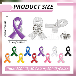 200個 10色 啓発リボン 亜鉛合金 エナメルピン  洋服用  プラチナ  ミックスカラー  26x21mm  20個/カラー&nbsp;JEWB-WA0001-02