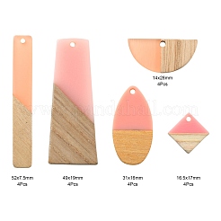 20個5スタイルレジン＆ウッドセミサークルペンダント  半円形＆ティアドロップ＆菱形＆台形＆長方形  ピンク  14~52x7.5~28x3~4mm  穴：1.5~2mm  4個/スタイル&nbsp;RESI-LS0001-45