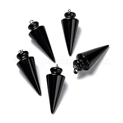 天然石オブシディアンペンダント  プラチナ真鍮パーツ  コーン  40~44x15~16mm  穴：3x7mm&nbsp;G-K311-47B