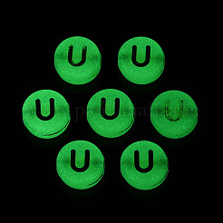 光沢のあるフロストアクリルビーズ  電気めっき  アルファベット付きフラットラウンド  暗闇で光る  U字  10x5mm  穴：2mm  約1390個/500g&nbsp;FACR-T008-02U