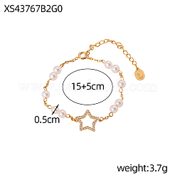女性用304ステンレススチール製スターリンクブレスレット  ラウンドシェルパール付き  イオンプレーティング（ip）  18KGP本金メッキ  5.91インチ（15cm）&nbsp;BJEW-OY001-04