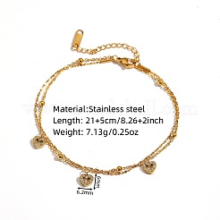 304ステンレススチール製クリスタルラインストーントリプルハートチャーム2連アンクレット（女性用）  ゴールドカラー  8-1/4インチ（210mm）&nbsp;WG509DE-01