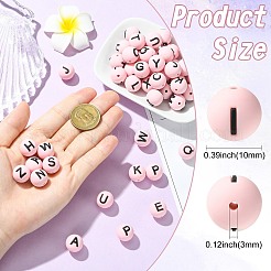 1セット26個のピンクの丸型文字付きシリコンビーズ  焦点ビーズ  ピンク  10mm  穴：3mm&nbsp;ST-CJ0041-011