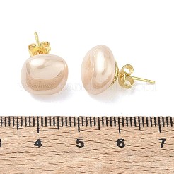 真鍮とABS樹脂製のイミテーションパールスタッドピアス（女性用）  正方形  長持ちメッキ  ラックめっき  鉛フリー＆カドミウムフリー  ゴールドカラー  桃パフ  12x12mm&nbsp;PL-CBA760A-03A-G01