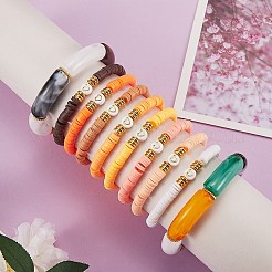 10個10スタイル手作りポリマークレイヘイシビーズストレッチブレスレットハート付き  女性のためのアクリル分厚いカーブチューブブレスレット  オレンジ  内径：2-1/8インチ（5.5cm）&nbsp;BJEW-SW00036-01