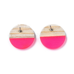 透明樹脂＆ウッドスタッドピアス  304ステンレスピン付き  フラットラウンド  濃いピンク  15mm  ピン：0.7mm&nbsp;EJEW-N017-003A-D05