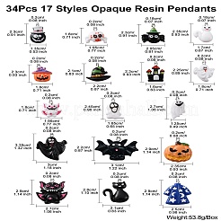 34個17スタイル不透明樹脂ペンダント  ハロウィンチャーム  プラチナトーンの鉄ループ付き  蜘蛛＆猫＆かぼちゃ＆帽子＆コウモリ＆ドクロ柄  ミックスカラー  21~29x12~27x5~8mm  穴：1.8mm  2個/スタイル&nbsp;RESI-CJ0003-05