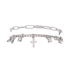 304ステンレススチールのペーパークリップとフィガロチェーンのブレスレット（女性用）  クロス  7-1/4インチ（18.5cm）  2個/セット&nbsp;BJEW-JB12445-01