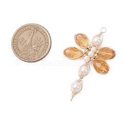 トンボのガラスビーズコネクタチャーム  環境に優しい銅線付き  ゴールデンロッド  52~53x31~34x8mm  穴：1.2mmと2.5mm&nbsp;PALLOY-TA00315-04