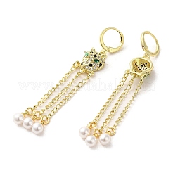 ヒョウの頭、本物の 18k ゴールドメッキ真鍮、マイクロパヴェキュービックジルコニアダングルフレンチフックピアス  ABS イミテーションパール タッセル イヤリング  グリーン  71x10.5mm&nbsp;EJEW-Q797-12G