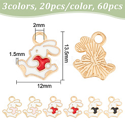60本3色合金エナメルチャーム  心を持つウサギ  ライトゴールド  ミックスカラー  13.5x12x1.5mm  穴：2mm  20個/カラー&nbsp;ENAM-HY0001-35