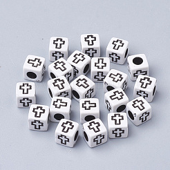 クラフトアクリルビーズ  十字架付きキューブ  ホワイト  6x6x6mm  穴：3mm  約3000個/500g&nbsp;MACR-Q226-01D