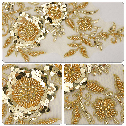 1組の花のレースポリエステル刺繍オーガンジー装飾アクセサリー  パイエット縫製工芸装飾付き  ゴールド  305x195x3mm&nbsp;DIY-CY0002-32A