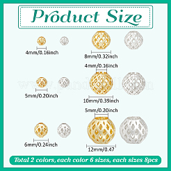 真鍮中空ビーズ96個、12スタイル  長持ちメッキ  ラウンド  ゴールデン＆シルバー  4~12mm  穴：4~5mm  8個/スタイル&nbsp;KK-PH0013-13