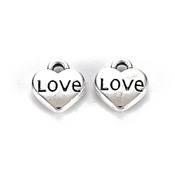 チベット風合金チャーム  鉛フリー＆カドミウムフリー  単語「love」付けのハート  アンティークシルバー  8.5x7.5x2.5mm  穴：1.2mm  約925個/500g&nbsp;TIBE-S323-100AS-RS