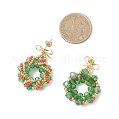 クリスマスリースのガラスシードビーズダングルスタッドピアス  真鍮製スタッドピアス  ゴールドカラー  40x30mm&nbsp;EJEW-MZ00582