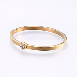 304ステンレススチールバングル  ラインストーン付き  ハート  ゴールドカラー  2-1/4インチ（5.6cm）x1-7/8インチ（4.7cm）  4~7.5mm&nbsp;BJEW-P222-08G