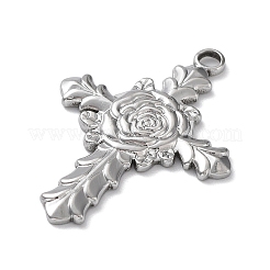 変色しない304ステンレススチールペンダント  バラのチャーム付きクロス  ステンレス鋼色  35x25x2mm  穴：2.8mm&nbsp;STAS-M323-51P
