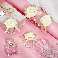 プラスチック手首のコサージュ  ポリエステル布造花と布ストレッチブレスレット付き  淡黄色  内径：50mm&nbsp;AJEW-WH0518-46
