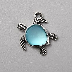 合金のチベット風チャーム  イミテーション アクリル ラインストーン カボション付き  カメ  淡いターコイズ  21x19x4mm  穴：2mm&nbsp;FIND-WH0050-01B