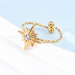 304ステンレススチールラインストーンカフリング  スター  ゴールドカラー  13x13mm  内径：18mm&nbsp;LS-RJEW-D306-23G