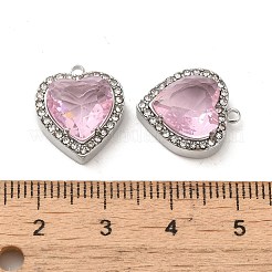 304ステンレスペンダント  ガラスとラインストーン付き  ハートチャーム  ピンク  16x14x5.7mm  穴：1.4mm&nbsp;STAS-L022-081P-01