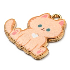 プリント合金ペンダント  ゴールドカラー  カドミウムフリー＆ニッケルフリー＆鉛フリー  猫の形のチャーム  桃パフ  20x20x2mm  穴：1.6mm&nbsp;ENAM-L042-04G-06