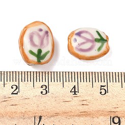 手作りの陶器ビーズ  手描きのチューリップの花のセラミックビーズ  オーバル  エナメル  紫色のメディア  14~15x12~13x7~8mm  穴：1.5~1.8mm&nbsp;PORC-C008-06