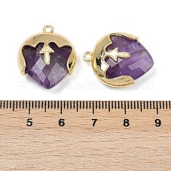 天然アメジストのファセットペンダント  ラックメッキ真鍮ティアドロップチャーム付き  ゴールドカラー  22.5x19x8mm  穴：1.6mm&nbsp;G-K347-09G-03