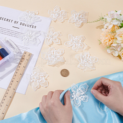 10Dフラワーポリエステル刺繍縫い付けアップリケ3個  プラスチックスパンコール付き プラスチックパール付き  ミシンクラフト装飾  ホワイト  70x80x10mm&nbsp;PATC-MA0001-22
