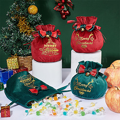 クリスマスベルベットキャンディアップルバッグ 4個、4スタイル  ちょう結びとゴールド スタンプ単語メリー クリスマス巾着ポーチ  ギフト包装用  グリーン＆レッド  クリスマスツリー＆トナカイ＆ワード模様  混合模様  16x17.5cm  1個/スタイル&nbsp;TP-BC0001-06