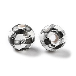 プリントウッドヨーロピアンビーズ  タータン模様のラウンド  ブラック  13.5x13mm  穴：4mm&nbsp;WOOD-Z002-09B
