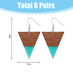 6 ペア 6 スタイル樹脂 & 木製ダングル イヤリング、鉄ピン付き  三角形  ミックスカラー  58x31mm  1ペア/スタイル&nbsp;EJEW-AB00036
