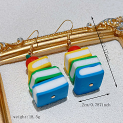 手作りのポリマークレイと304ステンレススチール製のぶら下がりピアス  本  ゴールドカラー  カラフル  55x20mm&nbsp;WG8A15F-01