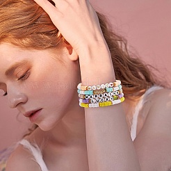 10pcs10スタイル励ましワードポリマークレイヘイシサーファーストレッチブレスレットセットハート  女性のための心を持つ幸運なプレッピーブレスレット  ミックスカラー  内径：2-1/8インチ（5.5cm）&nbsp;BJEW-SW00041