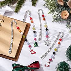 クリスマステーマの合金フックブックマーク  天然石英、黒オニキス、レモンジェイド、マレーシアジェイド、白翡翠、カーネリアン、合金エナメルチャームブックマーク  ミックスカラー  140~147x19.5x8mm  8個/セット&nbsp;AJEW-JK00337