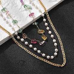 304ステンレススチールとカラフルな天然石チップと模造真珠の3層ネックレス（女性用）  18KGP本金メッキ  15.59インチ（39.6cm）&nbsp;NJEW-Z061-07G
