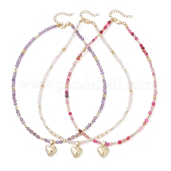 3個 3スタイル 真鍮ハートロケットペンダント ファセットラウンド天然アメジスト＆ローズクォーツ＆染色瑪瑙ビーズネックレス  ゴールドカラー  ミックスカラー  16.06インチ（40.8cm）  1個/スタイル&nbsp;NJEW-JN05737